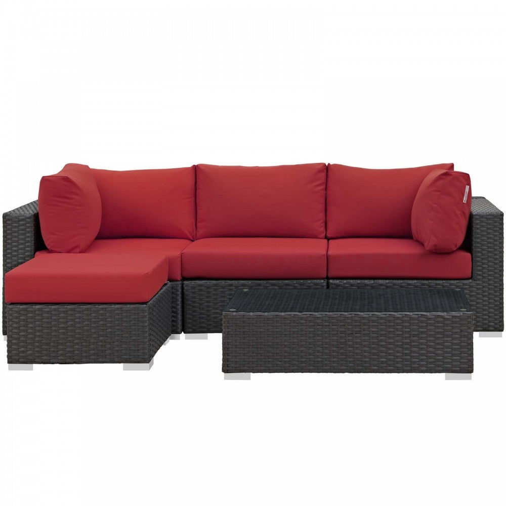 Sojourn 5 Piece Outdoor Patio Sunbrella Sectional Set, Canvas Red, EEI-1890-CHC-RED-SET