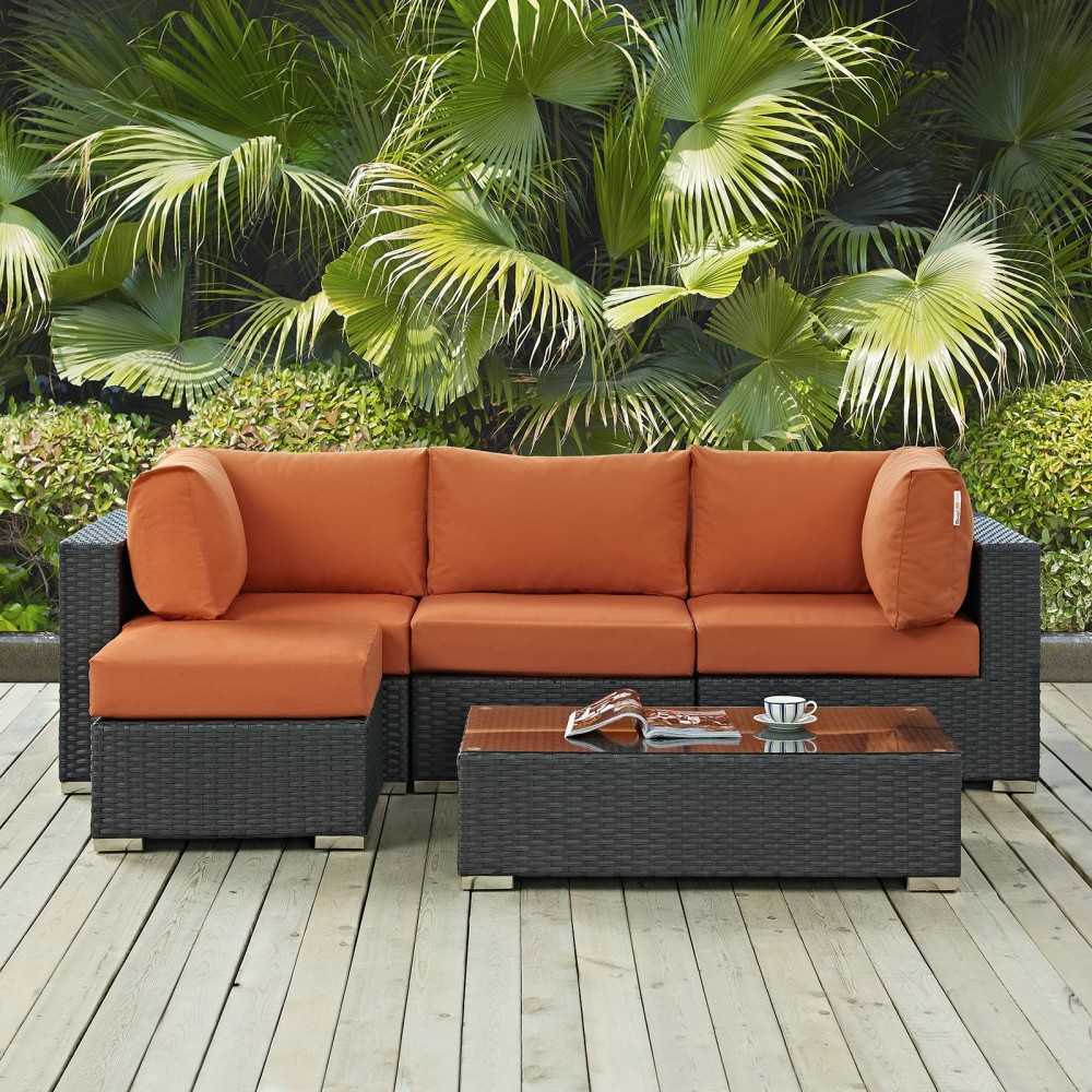 Sojourn 5 Piece Outdoor Patio Sunbrella Sectional Set, Canvas Tuscan, EEI-1890-CHC-TUS-SET