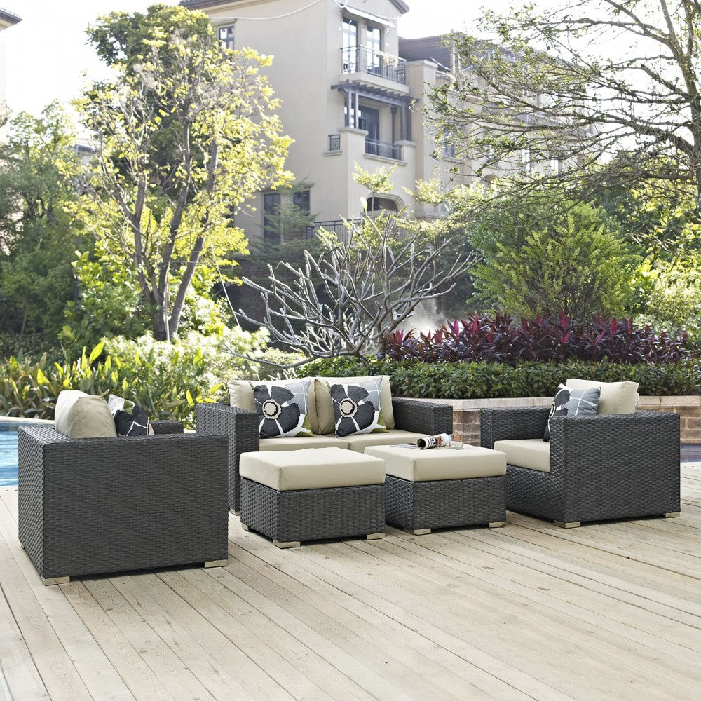 Sojourn 5 Piece Outdoor Patio Sunbrella Sectional Set, Canvas Antique Beige, EEI-2375-CHC-BEI-SET
