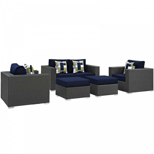 Sojourn 5 Piece Outdoor Patio Sunbrella Sectional Set, Canvas Navy, EEI-2375-CHC-NAV-SET