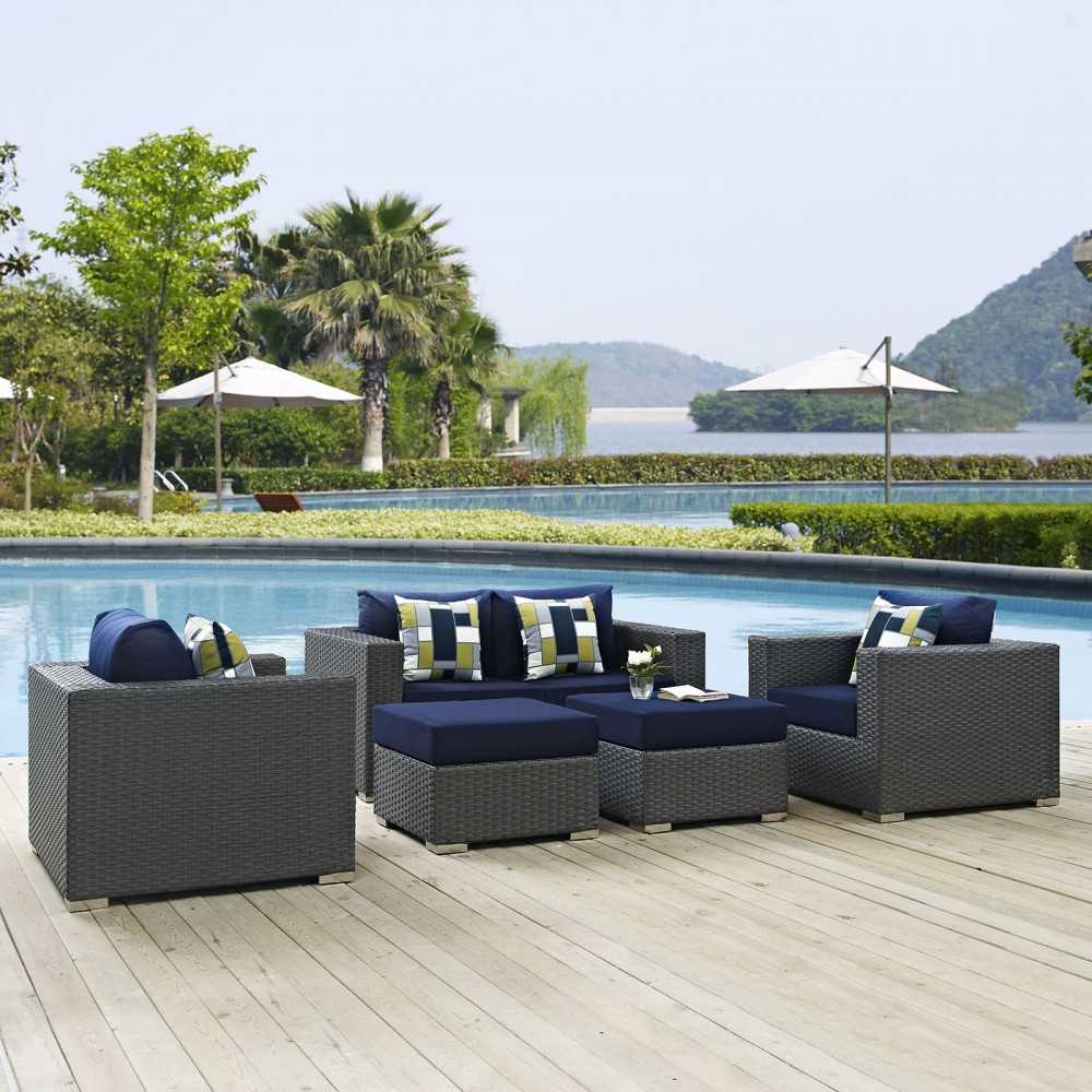 Sojourn 5 Piece Outdoor Patio Sunbrella Sectional Set, Canvas Navy, EEI-2375-CHC-NAV-SET