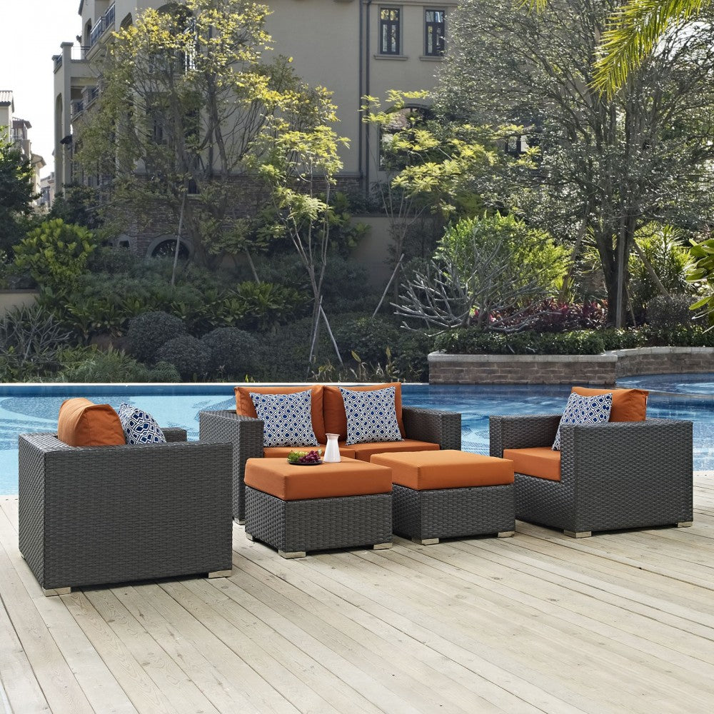Sojourn 5 Piece Outdoor Patio Sunbrella Sectional Set, Canvas Tuscan, EEI-2375-CHC-TUS-SET