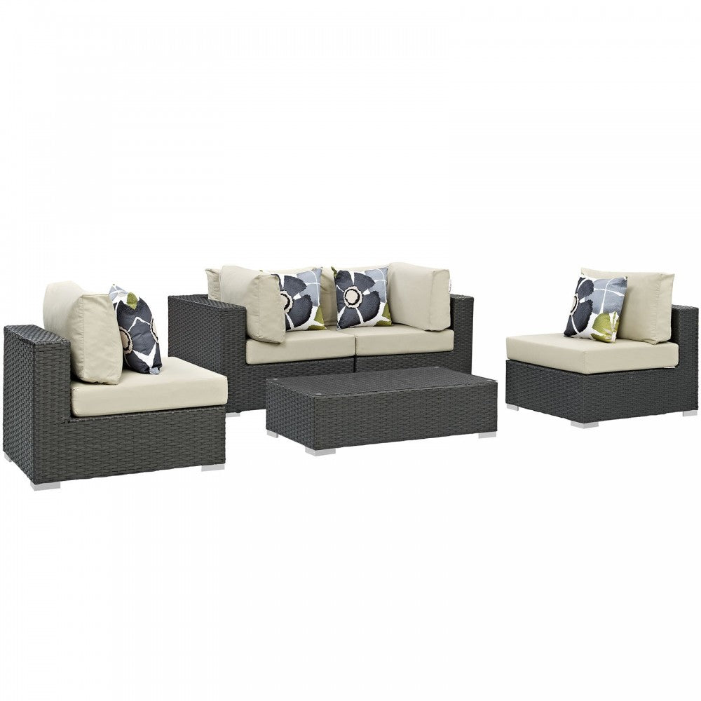 Sojourn 5 Piece Outdoor Patio Sunbrella Sectional Set, Canvas Antique Beige, EEI-2378-CHC-BEI-SET