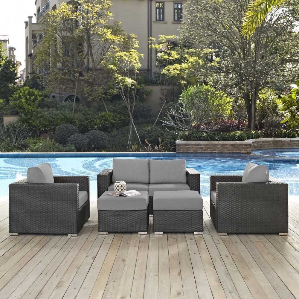Sojourn 5 Piece Outdoor Patio Sunbrella Sectional Set, Canvas Gray, EEI-1879-CHC-GRY-SET