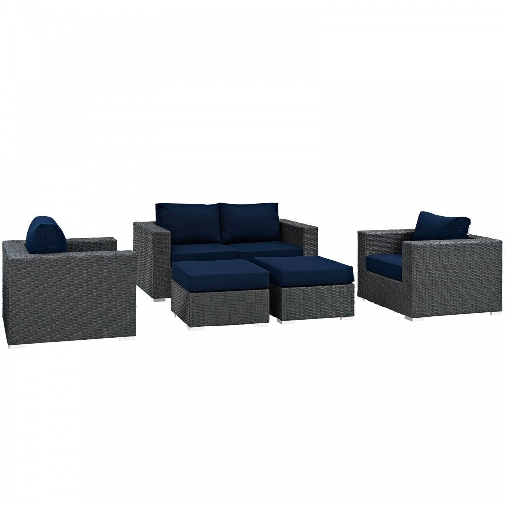 Sojourn 5 Piece Outdoor Patio Sunbrella Sectional Set, Canvas Navy, EEI-1879-CHC-NAV-SET