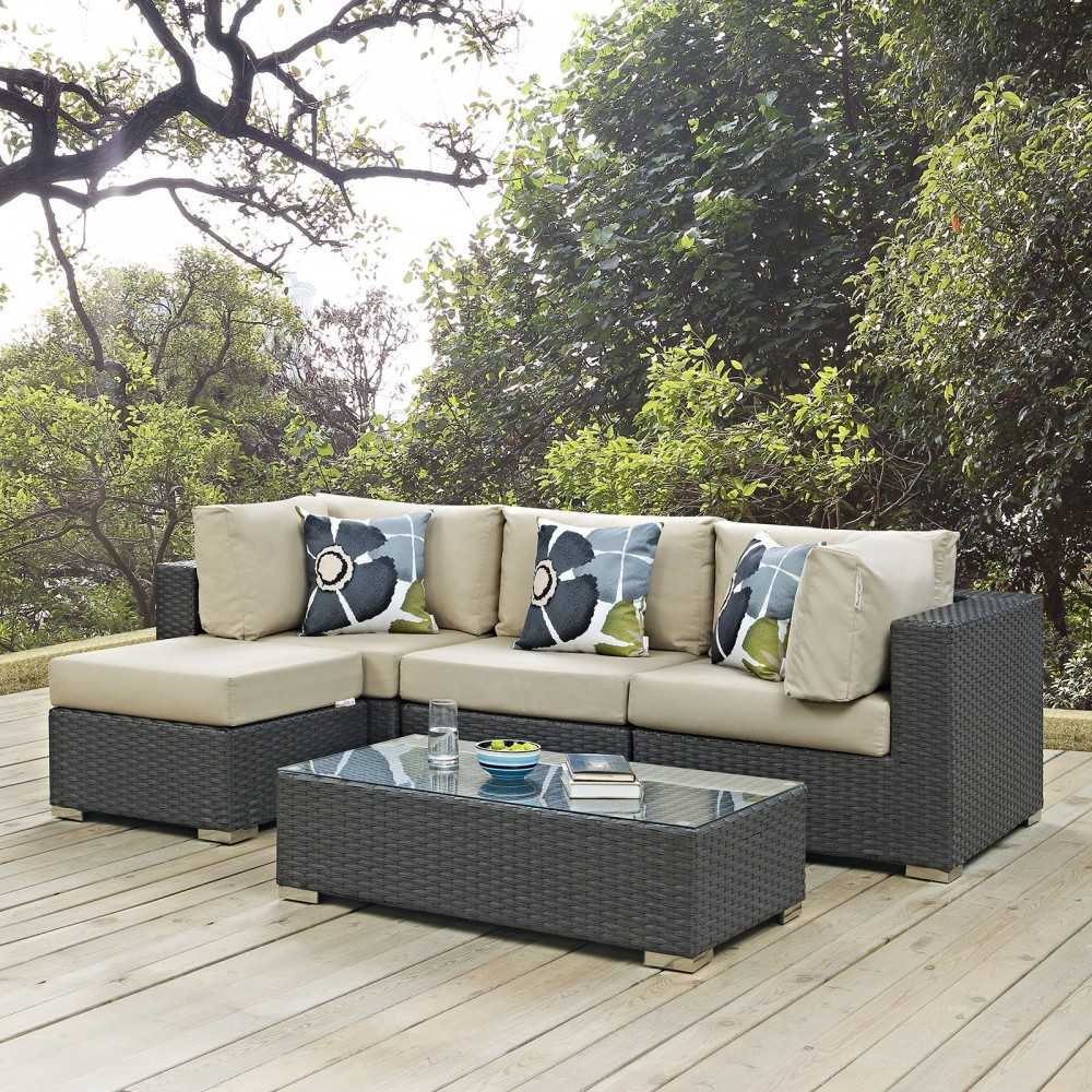 Sojourn 5 Piece Outdoor Patio Sunbrella Sectional Set, Canvas Antique Beige, EEI-2385-CHC-BEI-SET