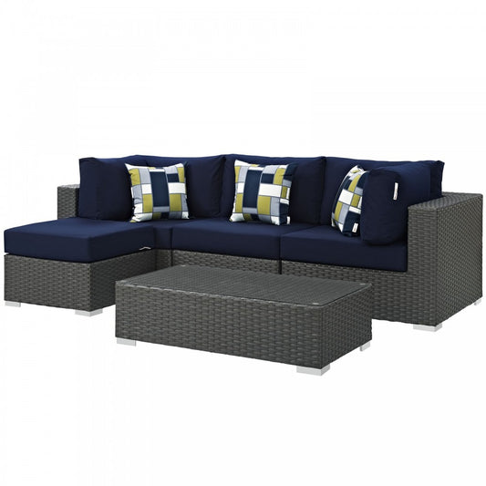Sojourn 5 Piece Outdoor Patio Sunbrella Sectional Set, Canvas Navy, EEI-2385-CHC-NAV-SET