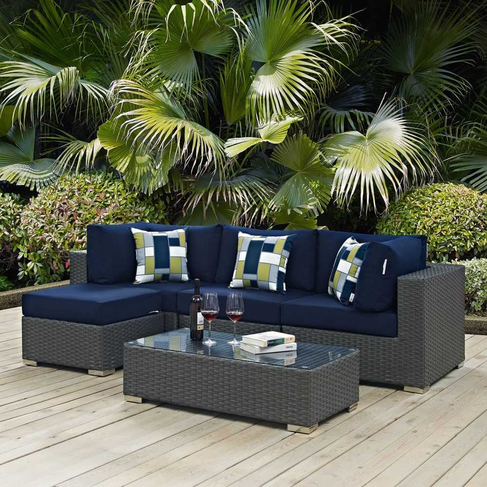Sojourn 5 Piece Outdoor Patio Sunbrella Sectional Set, Canvas Navy, EEI-2385-CHC-NAV-SET