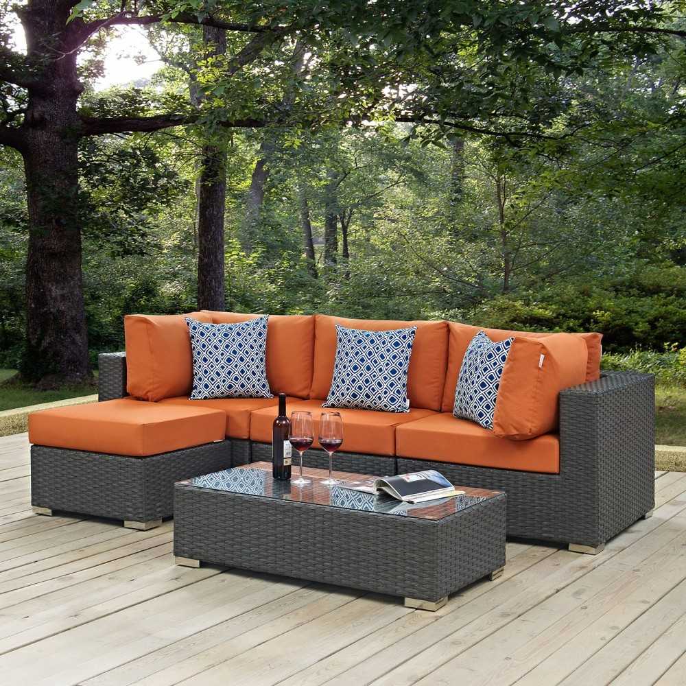 Sojourn 5 Piece Outdoor Patio Sunbrella Sectional Set, Canvas Tuscan, EEI-2385-CHC-TUS-SET