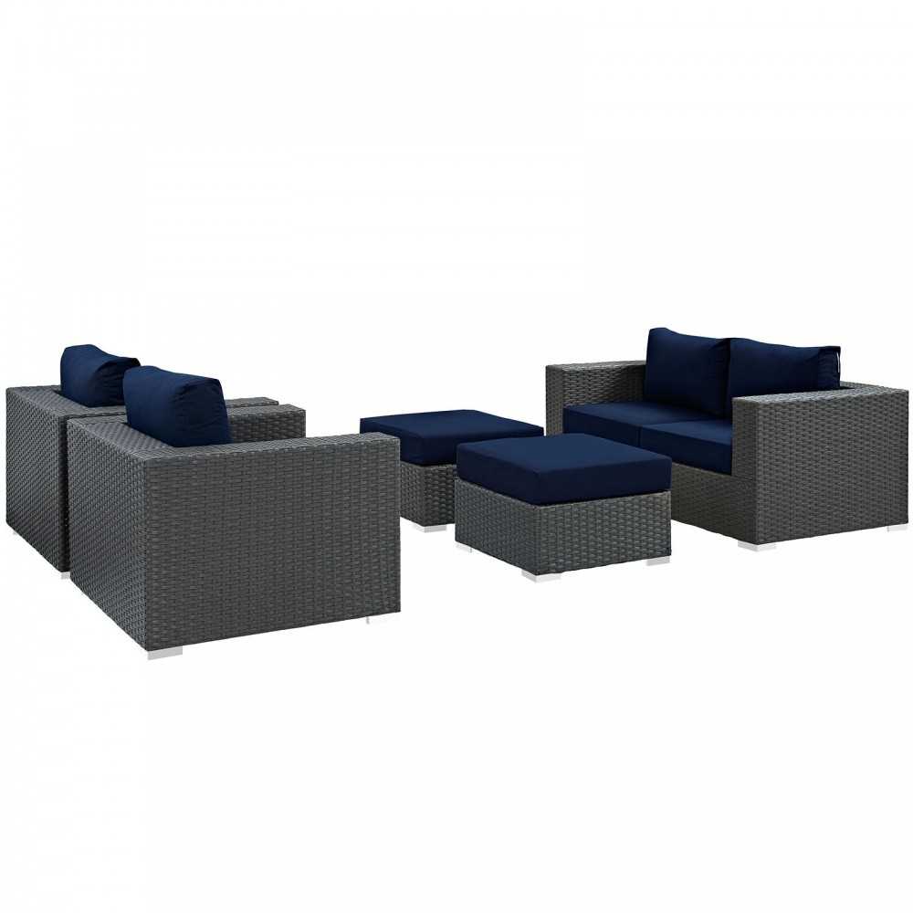 Sojourn 5 Piece Outdoor Patio Sunbrella Sectional Set, Canvas Navy, EEI-1879-CHC-NAV-SET