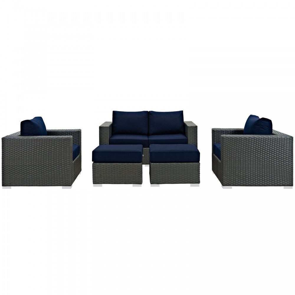 Sojourn 5 Piece Outdoor Patio Sunbrella Sectional Set, Canvas Navy, EEI-1879-CHC-NAV-SET