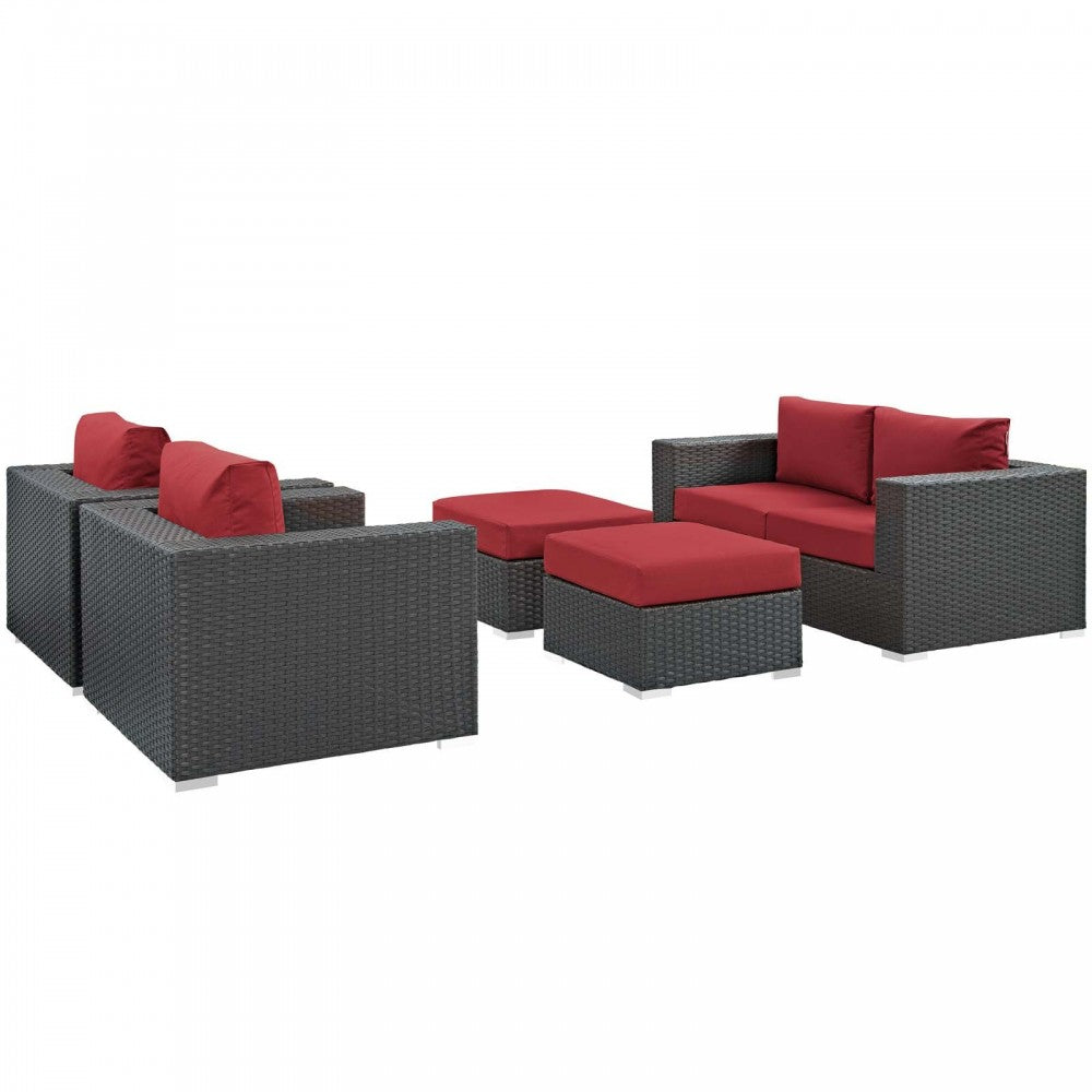 Sojourn 5 Piece Outdoor Patio Sunbrella Sectional Set, Canvas Red, EEI-1879-CHC-RED-SET