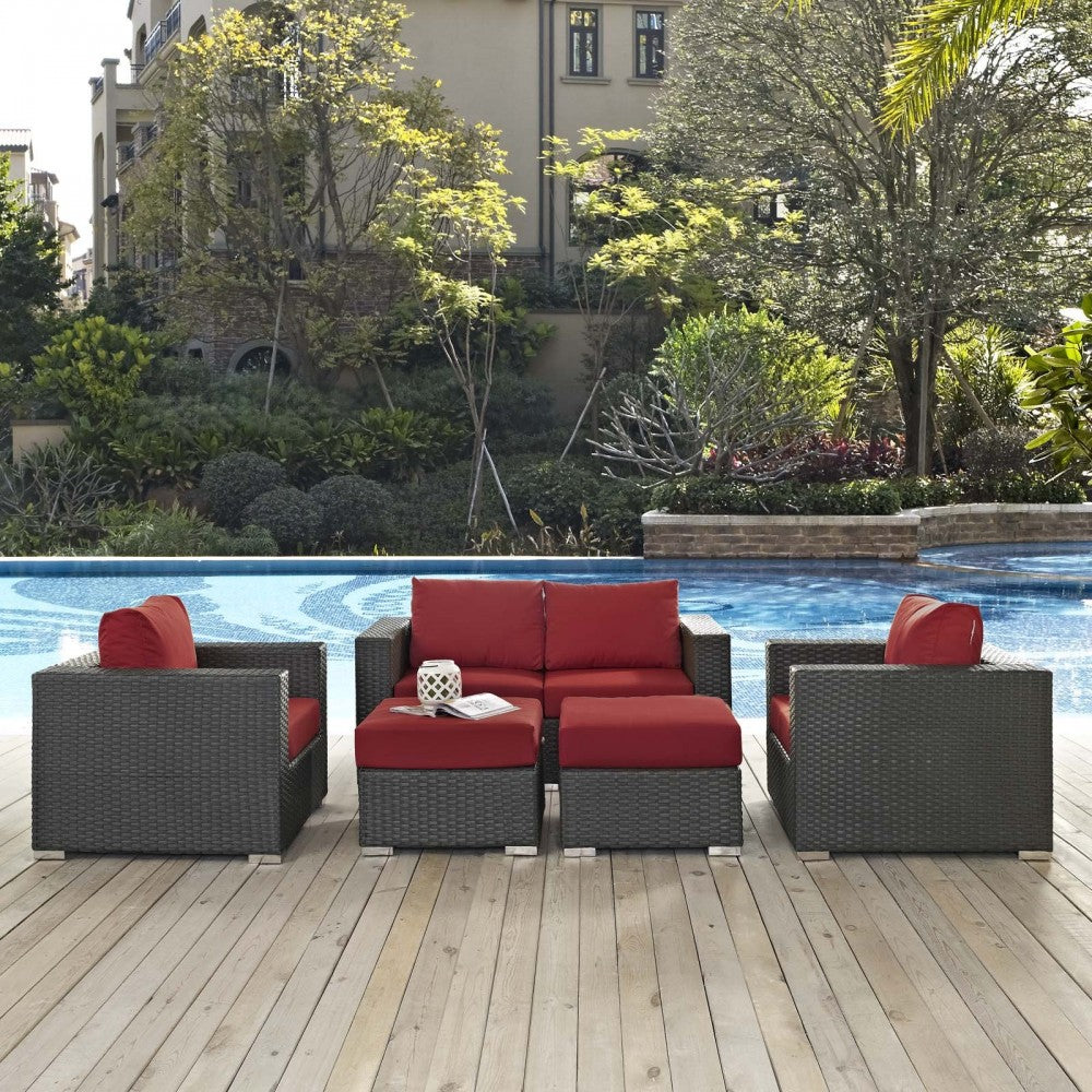 Sojourn 5 Piece Outdoor Patio Sunbrella Sectional Set, Canvas Red, EEI-1879-CHC-RED-SET