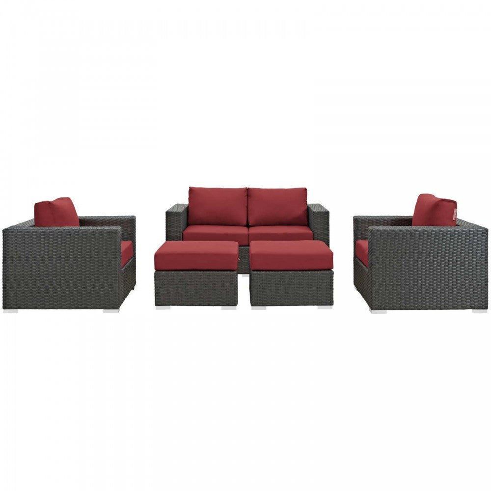 Sojourn 5 Piece Outdoor Patio Sunbrella Sectional Set, Canvas Red, EEI-1879-CHC-RED-SET
