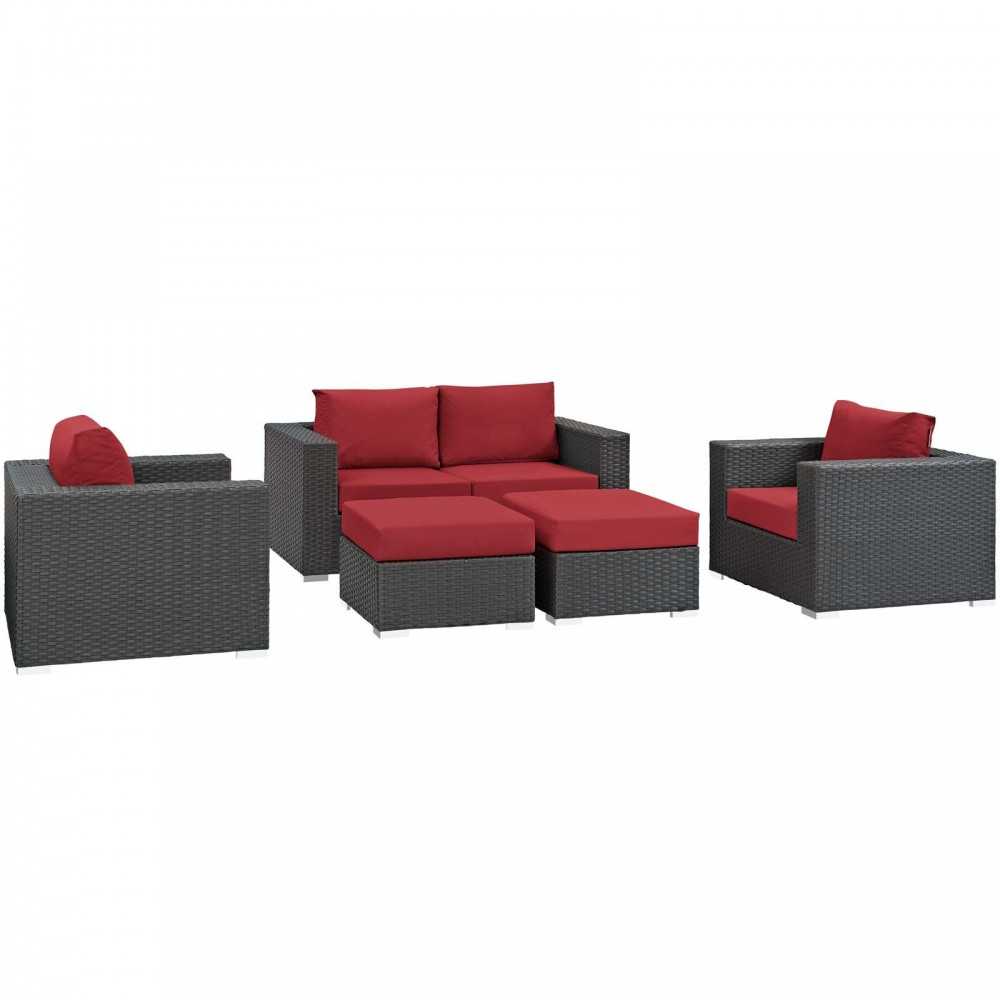 Sojourn 5 Piece Outdoor Patio Sunbrella Sectional Set, Canvas Red, EEI-1879-CHC-RED-SET
