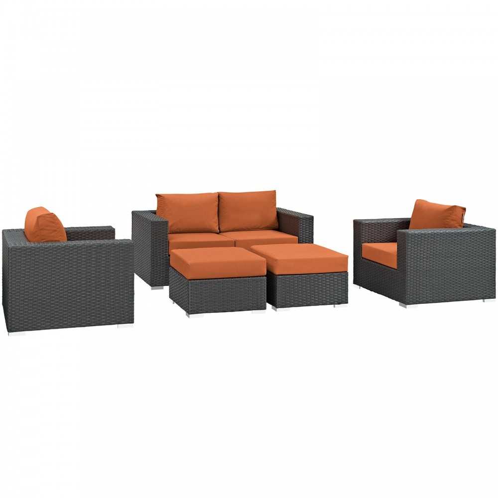 Sojourn 5 Piece Outdoor Patio Sunbrella Sectional Set, Canvas Tuscan, EEI-1879-CHC-TUS-SET