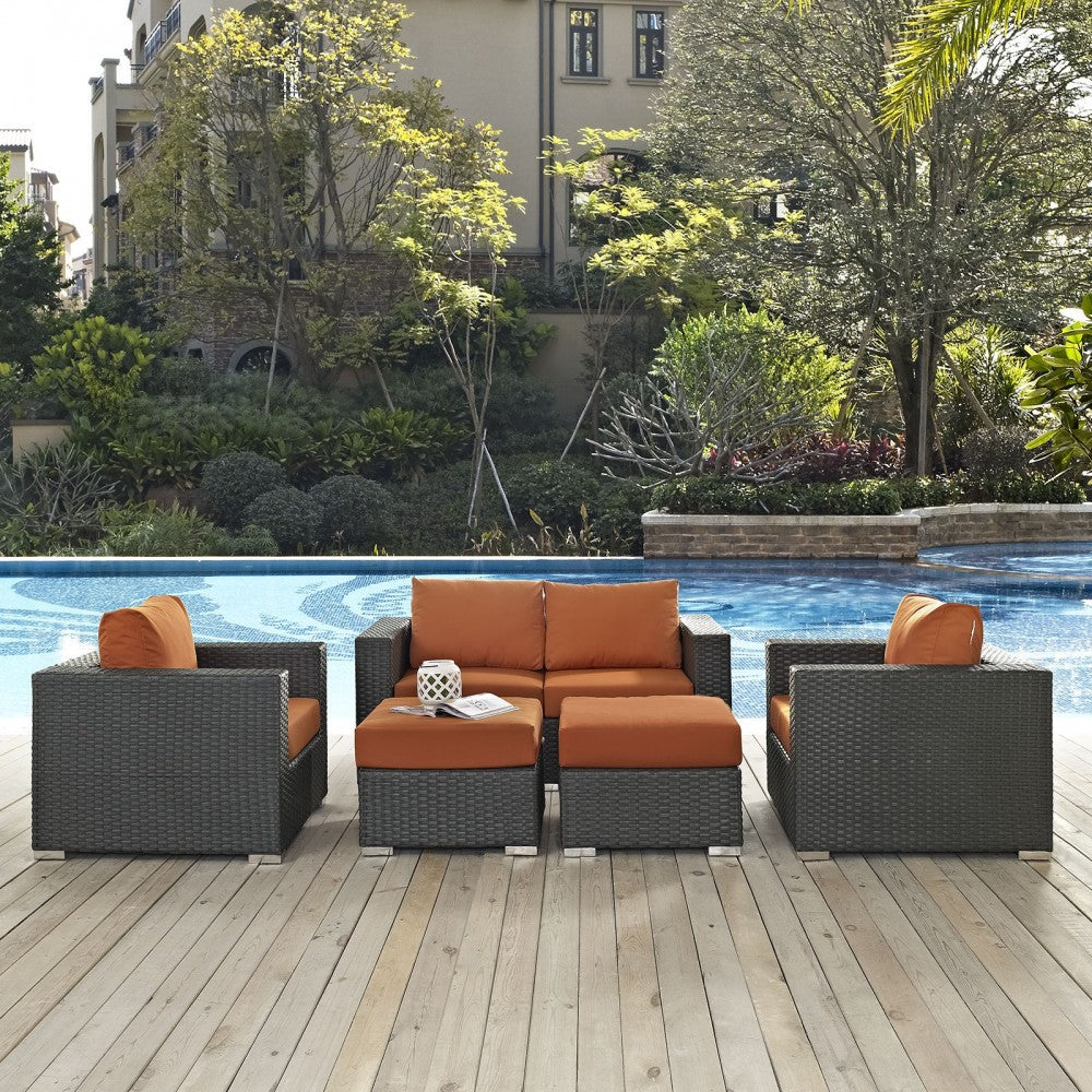 Sojourn 5 Piece Outdoor Patio Sunbrella Sectional Set, Canvas Tuscan, EEI-1879-CHC-TUS-SET