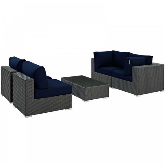 Sojourn 5 Piece Outdoor Patio Sunbrella Sectional Set, Canvas Navy, EEI-1882-CHC-NAV-SET