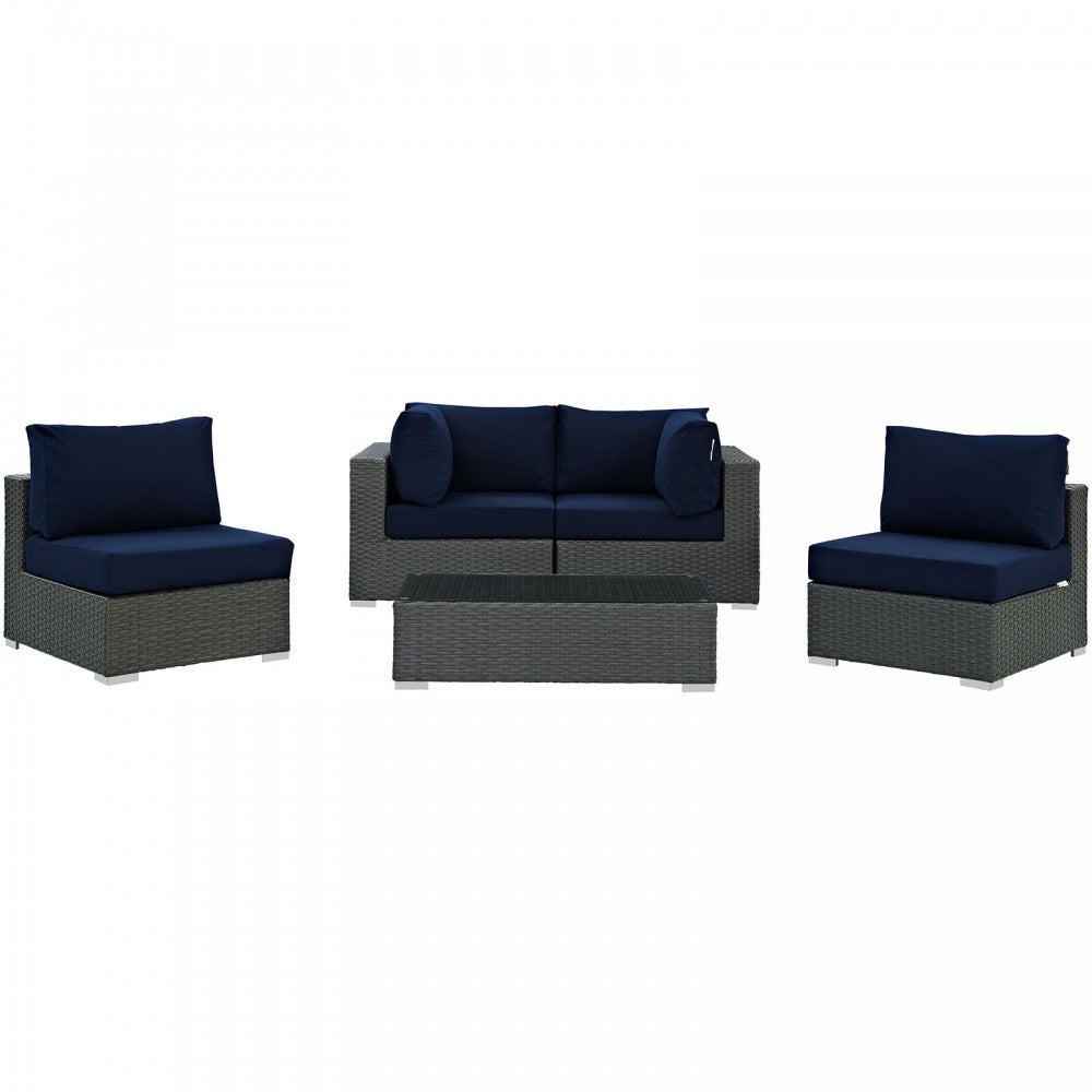 Sojourn 5 Piece Outdoor Patio Sunbrella Sectional Set, Canvas Navy, EEI-1882-CHC-NAV-SET