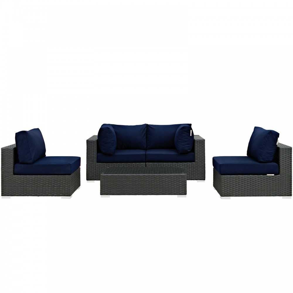 Sojourn 5 Piece Outdoor Patio Sunbrella Sectional Set, Canvas Navy, EEI-1882-CHC-NAV-SET