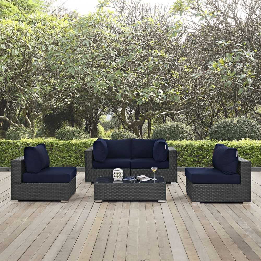 Sojourn 5 Piece Outdoor Patio Sunbrella Sectional Set, Canvas Navy, EEI-1882-CHC-NAV-SET
