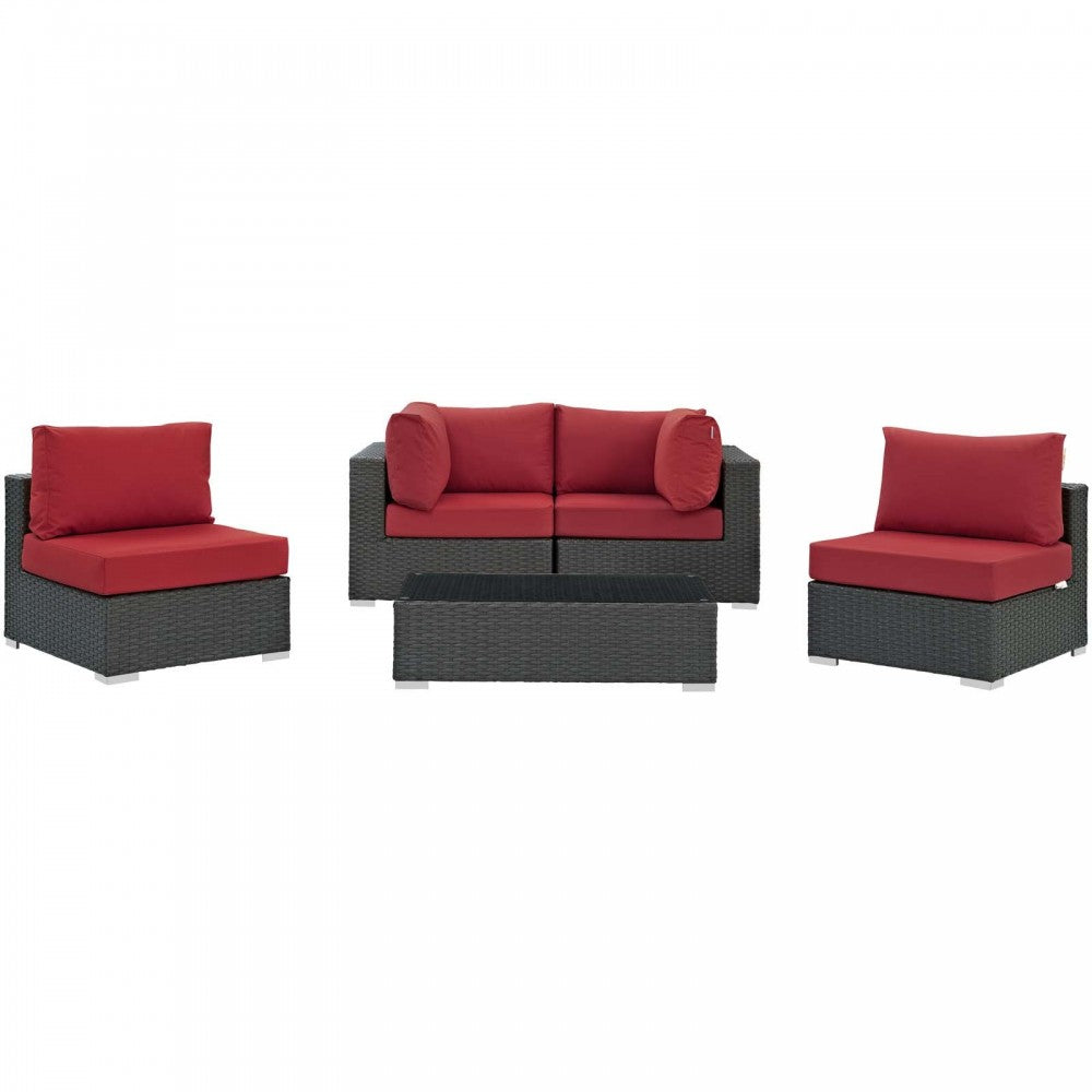Sojourn 5 Piece Outdoor Patio Sunbrella Sectional Set, Canvas Red, EEI-1882-CHC-RED-SET