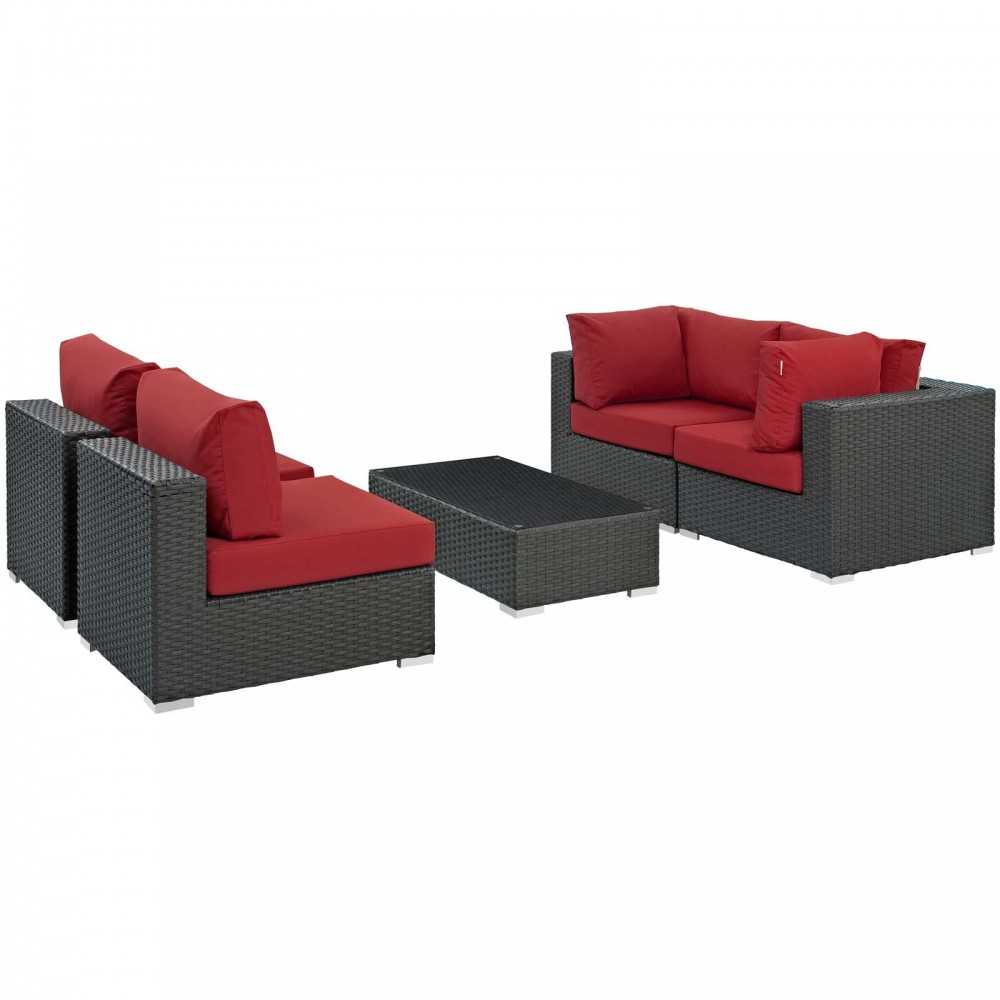 Sojourn 5 Piece Outdoor Patio Sunbrella Sectional Set, Canvas Red, EEI-1882-CHC-RED-SET