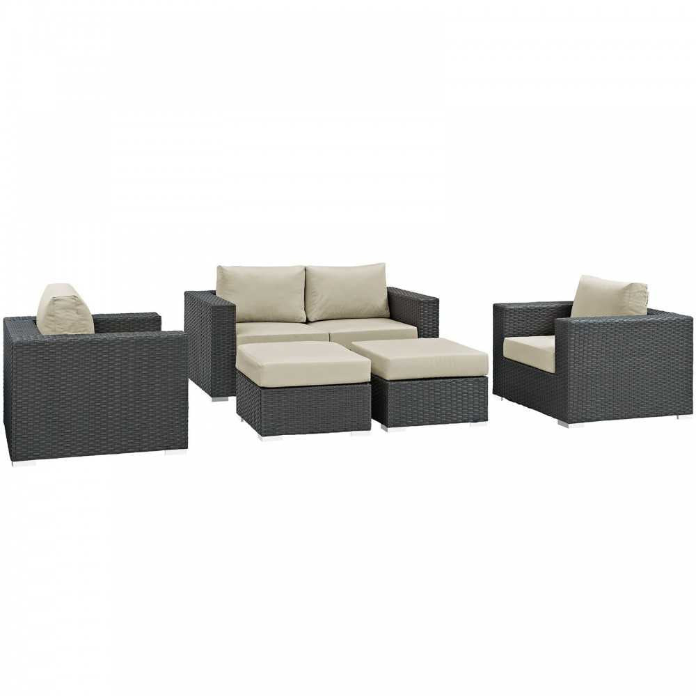 Sojourn 5 Piece Outdoor Patio Sunbrella Sectional Set, Canvas Antique Beige, EEI-1879-CHC-BEI-SET