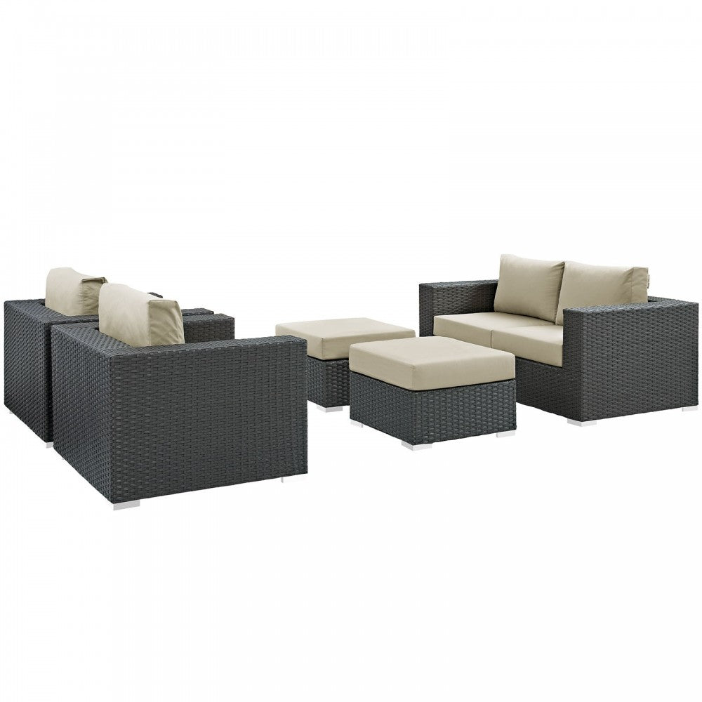 Sojourn 5 Piece Outdoor Patio Sunbrella Sectional Set, Canvas Antique Beige, EEI-1879-CHC-BEI-SET