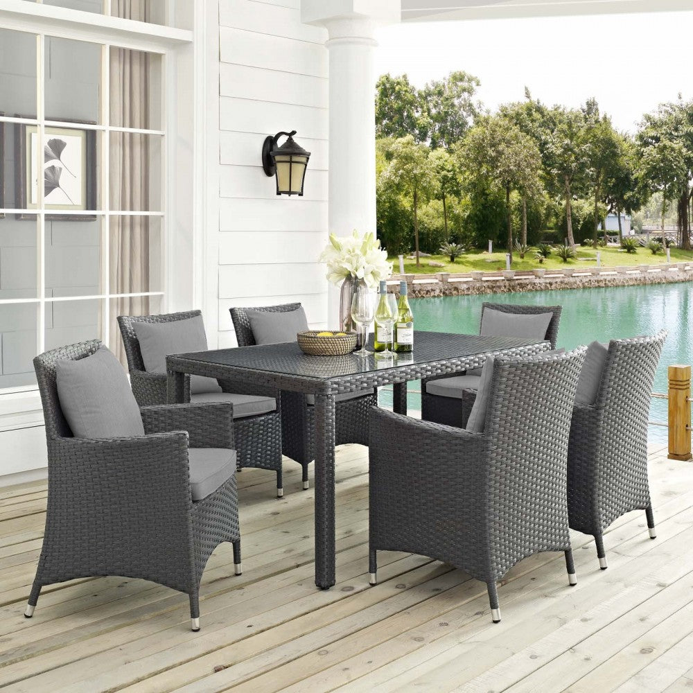 Sojourn 7 Piece Outdoor Patio Sunbrella Dining Set, Canvas Gray