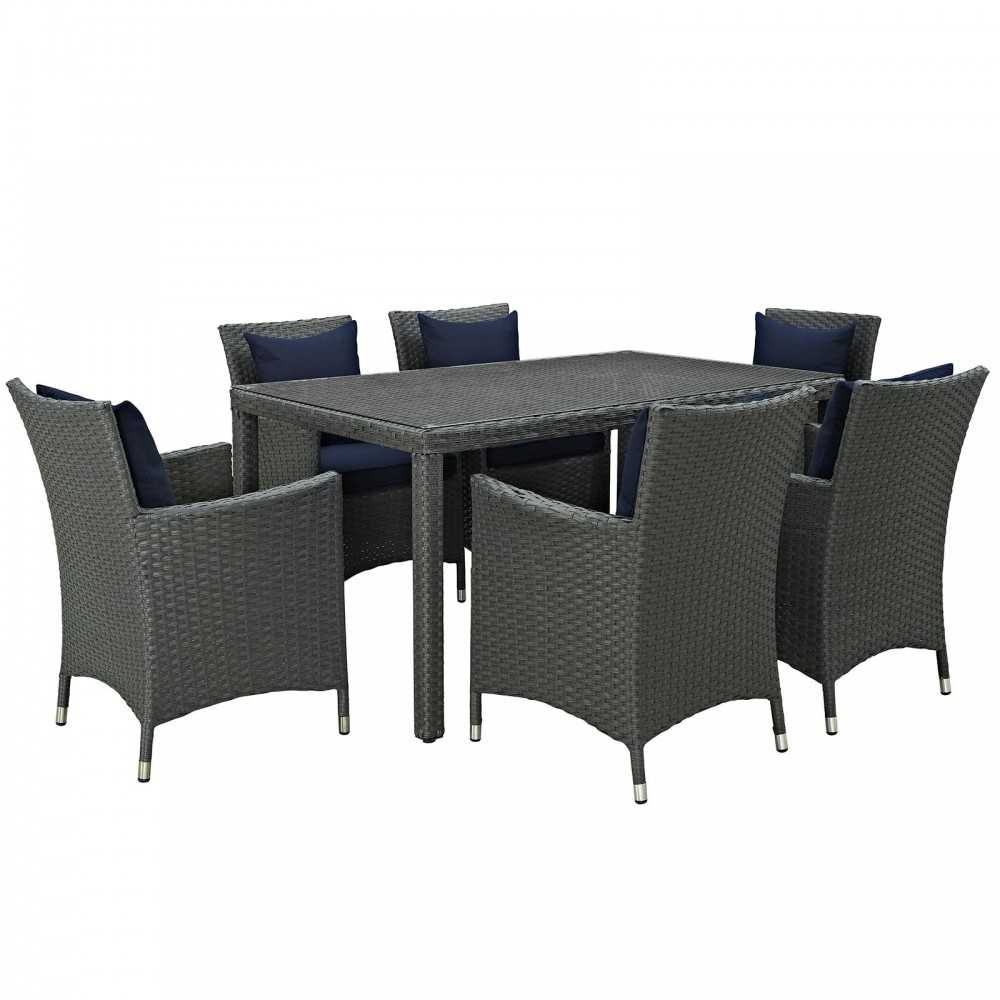 Sojourn 7 Piece Outdoor Patio Sunbrella Dining Set, Canvas Navy
