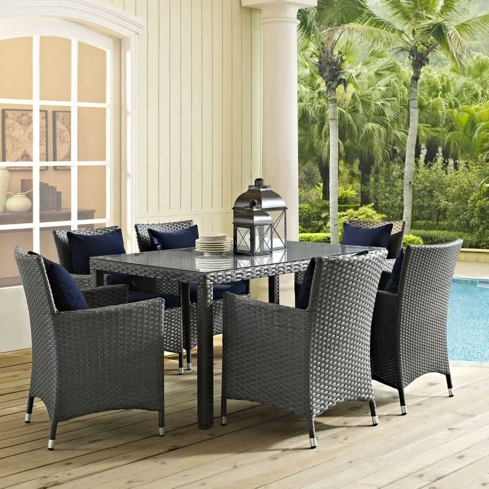 Sojourn 7 Piece Outdoor Patio Sunbrella Dining Set, Canvas Navy