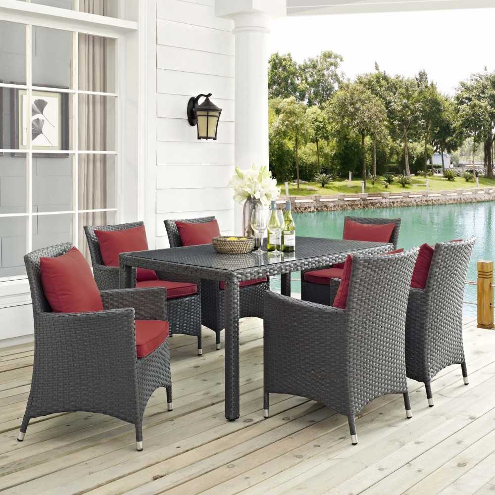 Sojourn 7 Piece Outdoor Patio Sunbrella Dining Set, Canvas Red