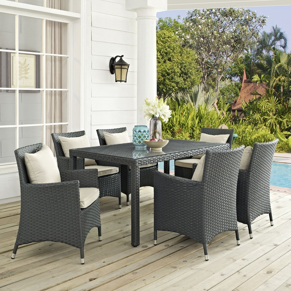 Sojourn 7 Piece Outdoor Patio Sunbrella Dining Set, Antique Canvas Beige