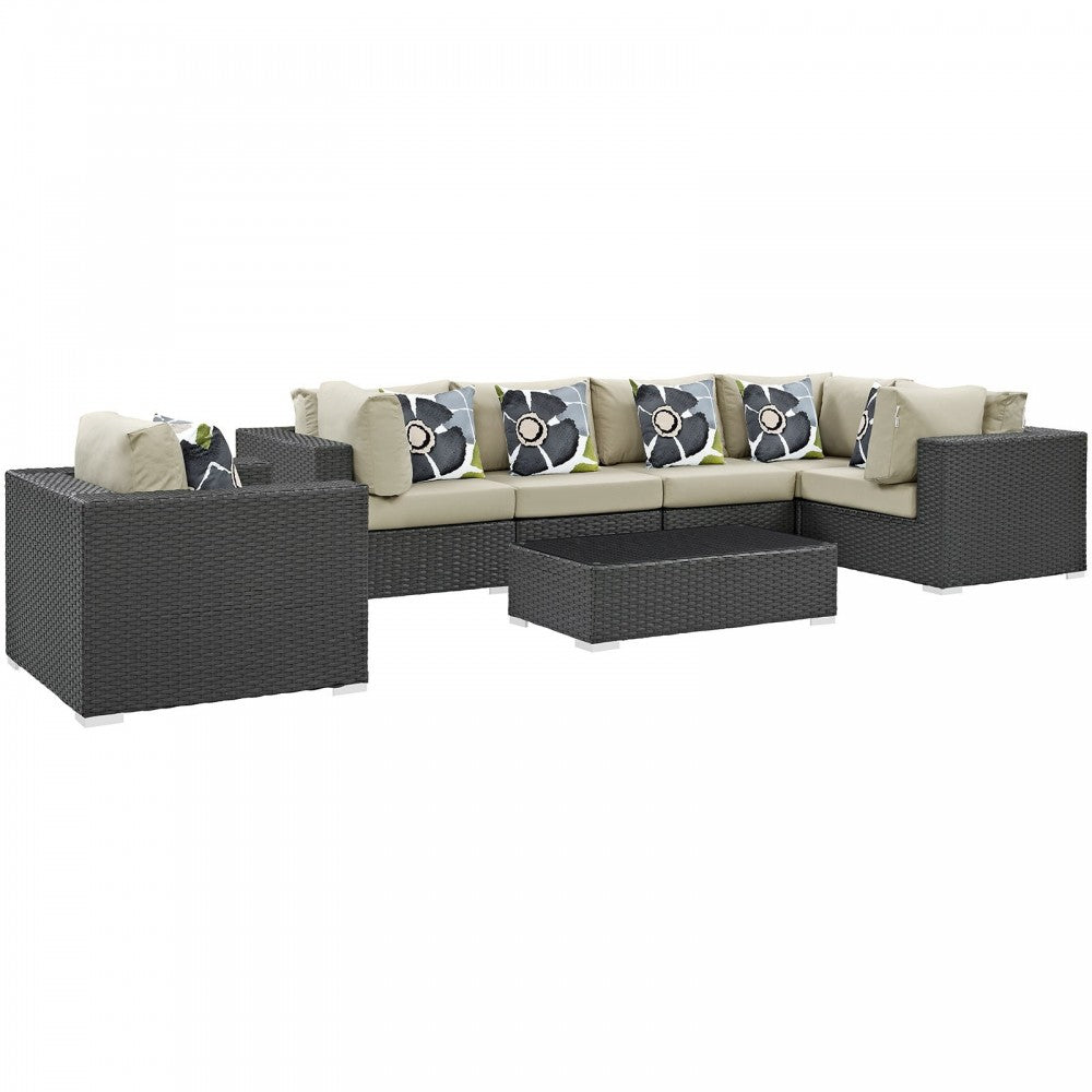 Sojourn 7 Piece Outdoor Patio Sunbrella Sectional Set, Canvas Antique Beige, EEI-2374-CHC-BEI-SET