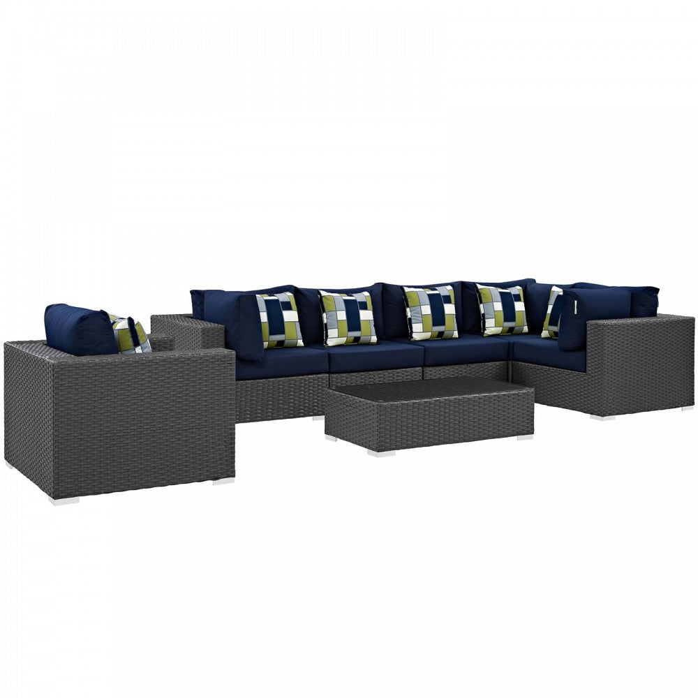 Sojourn 7 Piece Outdoor Patio Sunbrella Sectional Set, Canvas Navy, EEI-2374-CHC-NAV-SET