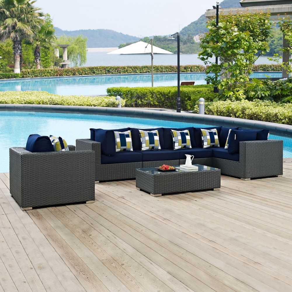 Sojourn 7 Piece Outdoor Patio Sunbrella Sectional Set, Canvas Navy, EEI-2374-CHC-NAV-SET