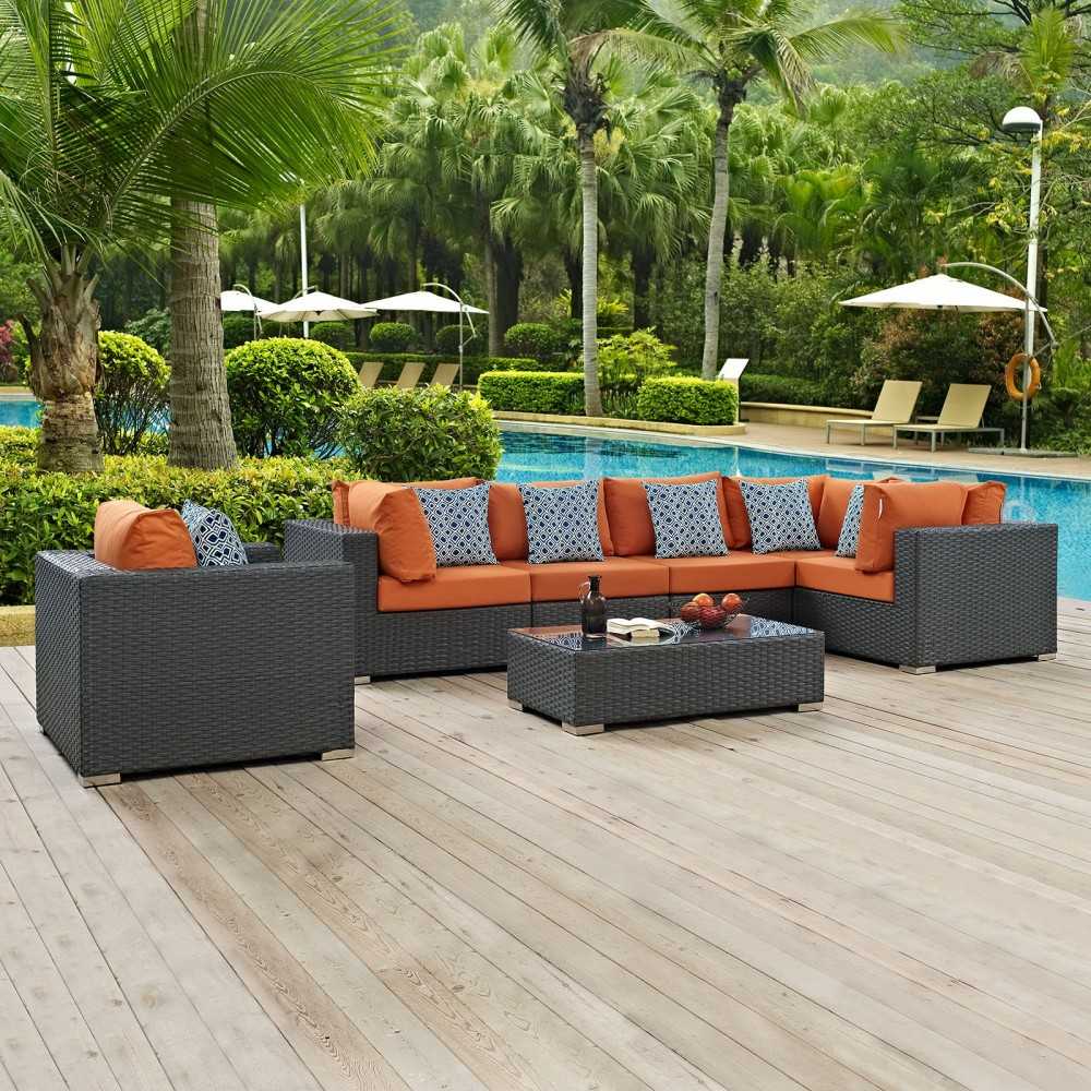 Sojourn 7 Piece Outdoor Patio Sunbrella Sectional Set, Canvas Tuscan, EEI-2374-CHC-TUS-SET