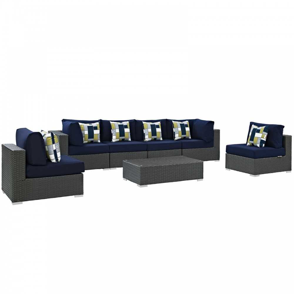 Sojourn 7 Piece Outdoor Patio Sunbrella Sectional Set, Canvas Navy, EEI-2379-CHC-NAV-SET