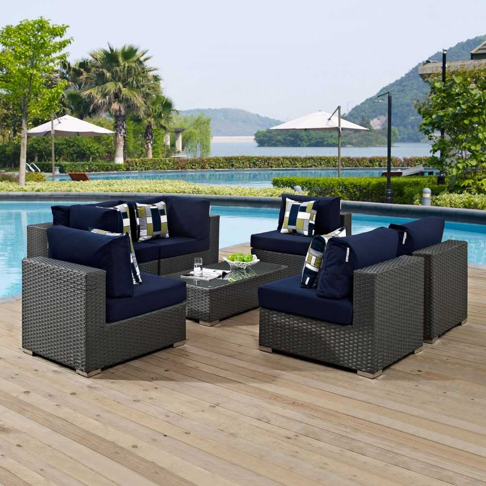 Sojourn 7 Piece Outdoor Patio Sunbrella Sectional Set, Canvas Navy, EEI-2379-CHC-NAV-SET