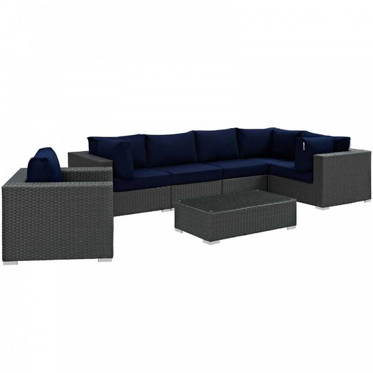 Sojourn 7 Piece Outdoor Patio Sunbrella Sectional Set, Canvas Navy, EEI-1878-CHC-NAV-SET