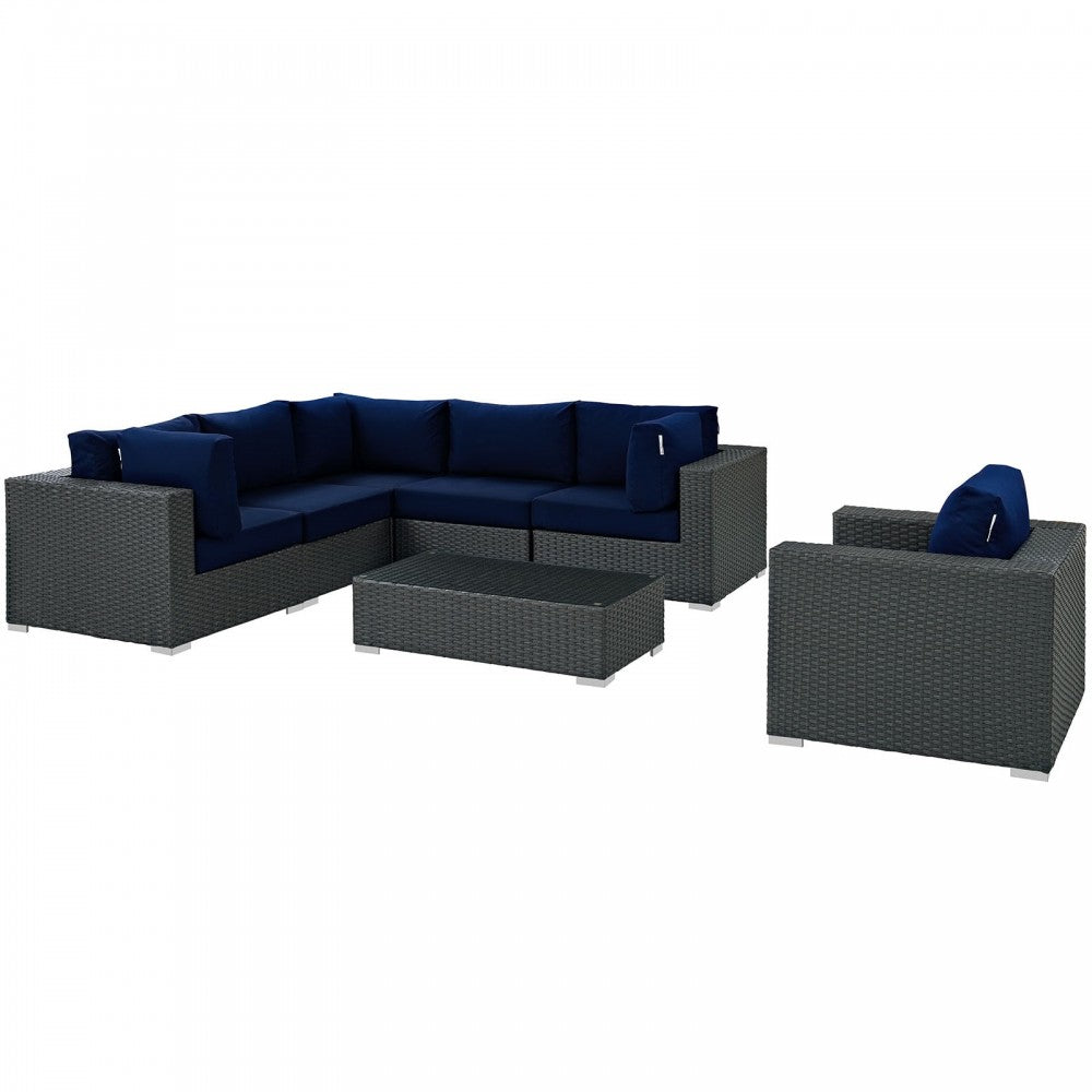 Sojourn 7 Piece Outdoor Patio Sunbrella Sectional Set, Canvas Navy, EEI-1878-CHC-NAV-SET