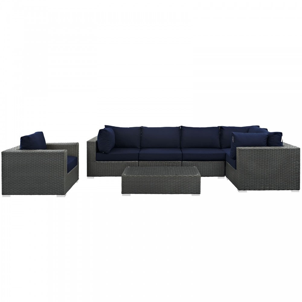 Sojourn 7 Piece Outdoor Patio Sunbrella Sectional Set, Canvas Navy, EEI-1878-CHC-NAV-SET