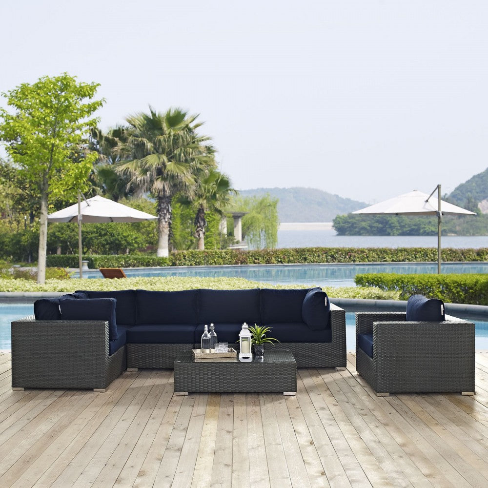 Sojourn 7 Piece Outdoor Patio Sunbrella Sectional Set, Canvas Navy, EEI-1878-CHC-NAV-SET