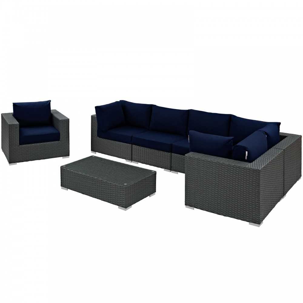 Sojourn 7 Piece Outdoor Patio Sunbrella Sectional Set, Canvas Navy, EEI-1878-CHC-NAV-SET