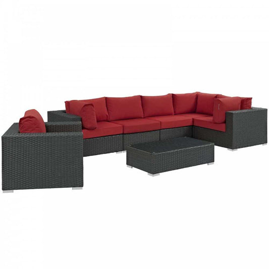 Sojourn 7 Piece Outdoor Patio Sunbrella Sectional Set, Canvas Red, EEI-1878-CHC-RED-SET