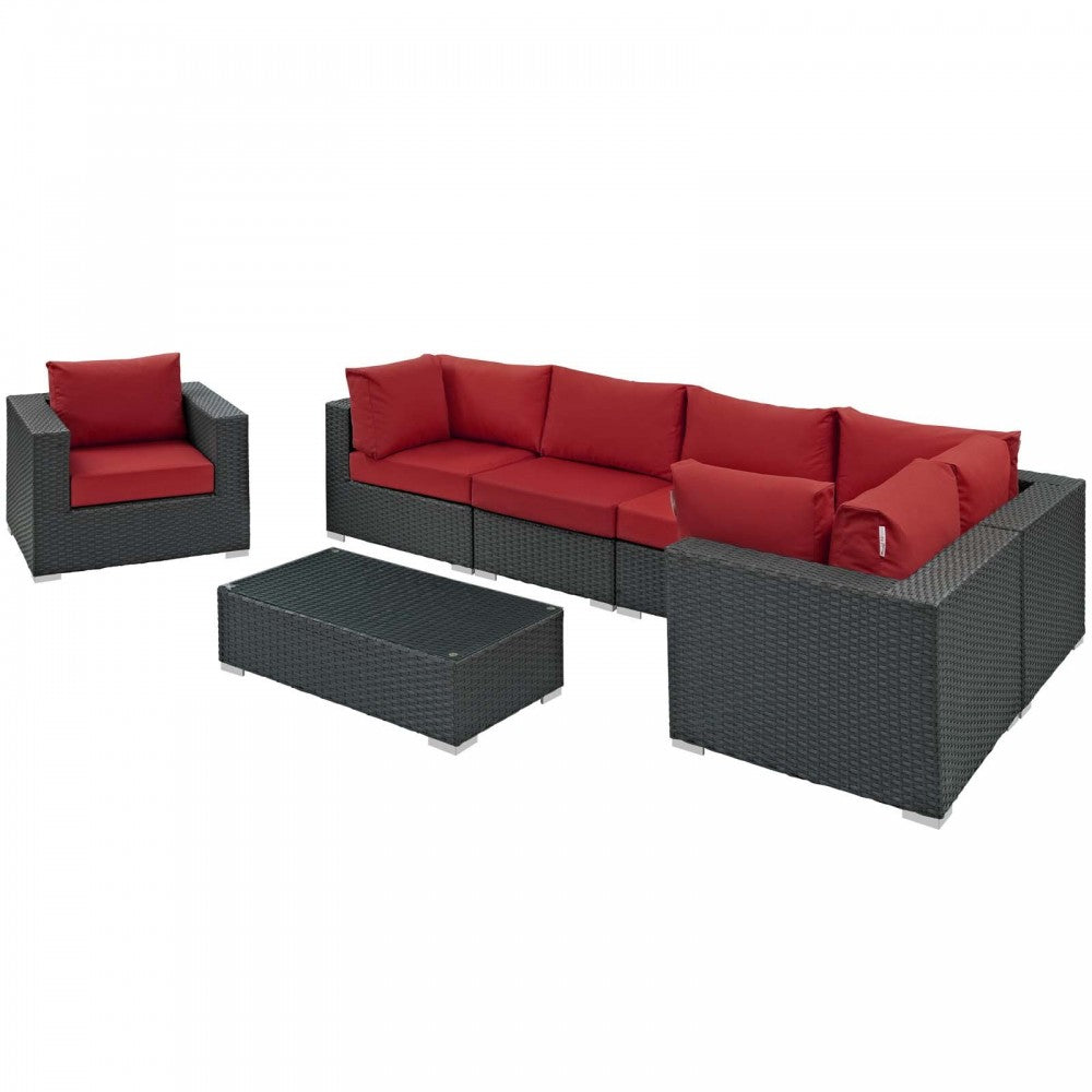 Sojourn 7 Piece Outdoor Patio Sunbrella Sectional Set, Canvas Red, EEI-1878-CHC-RED-SET