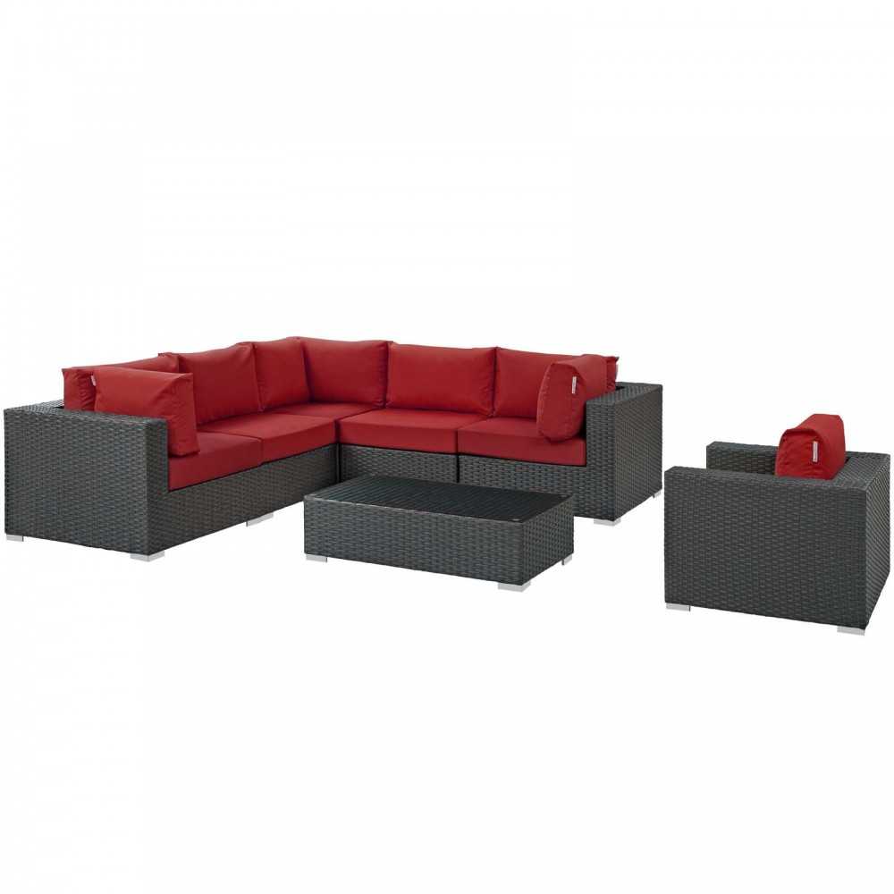 Sojourn 7 Piece Outdoor Patio Sunbrella Sectional Set, Canvas Red, EEI-1878-CHC-RED-SET