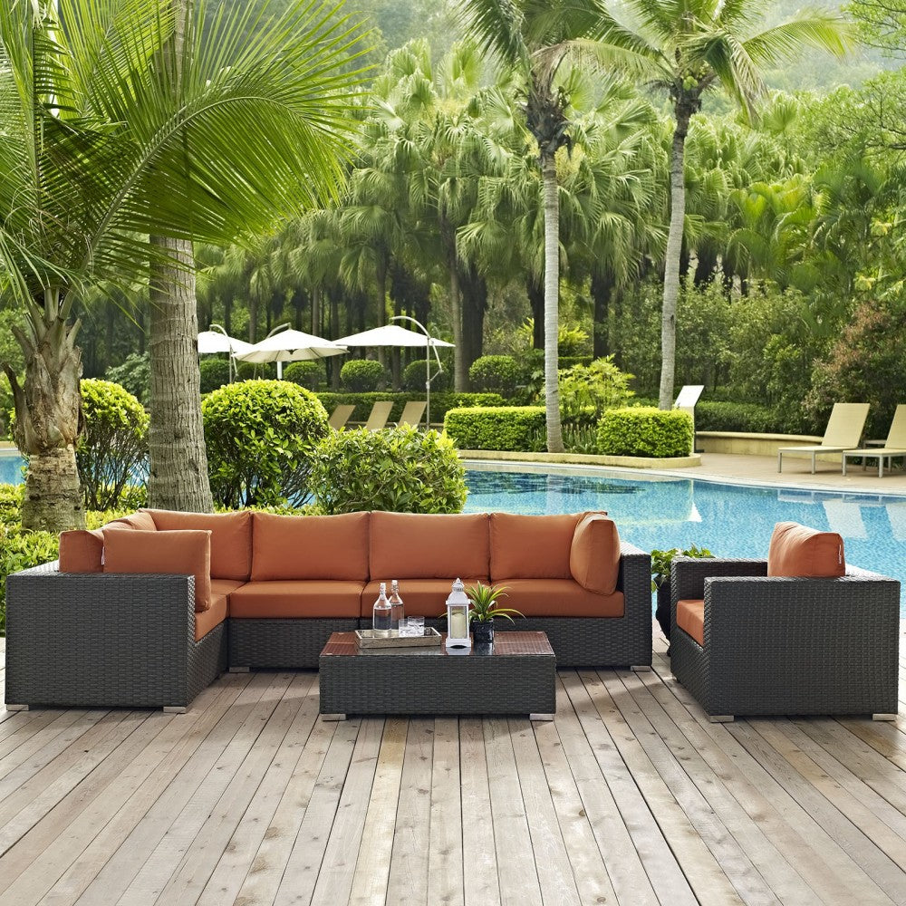 Sojourn 7 Piece Outdoor Patio Sunbrella Sectional Set, Canvas Tuscan, EEI-1878-CHC-TUS-SET