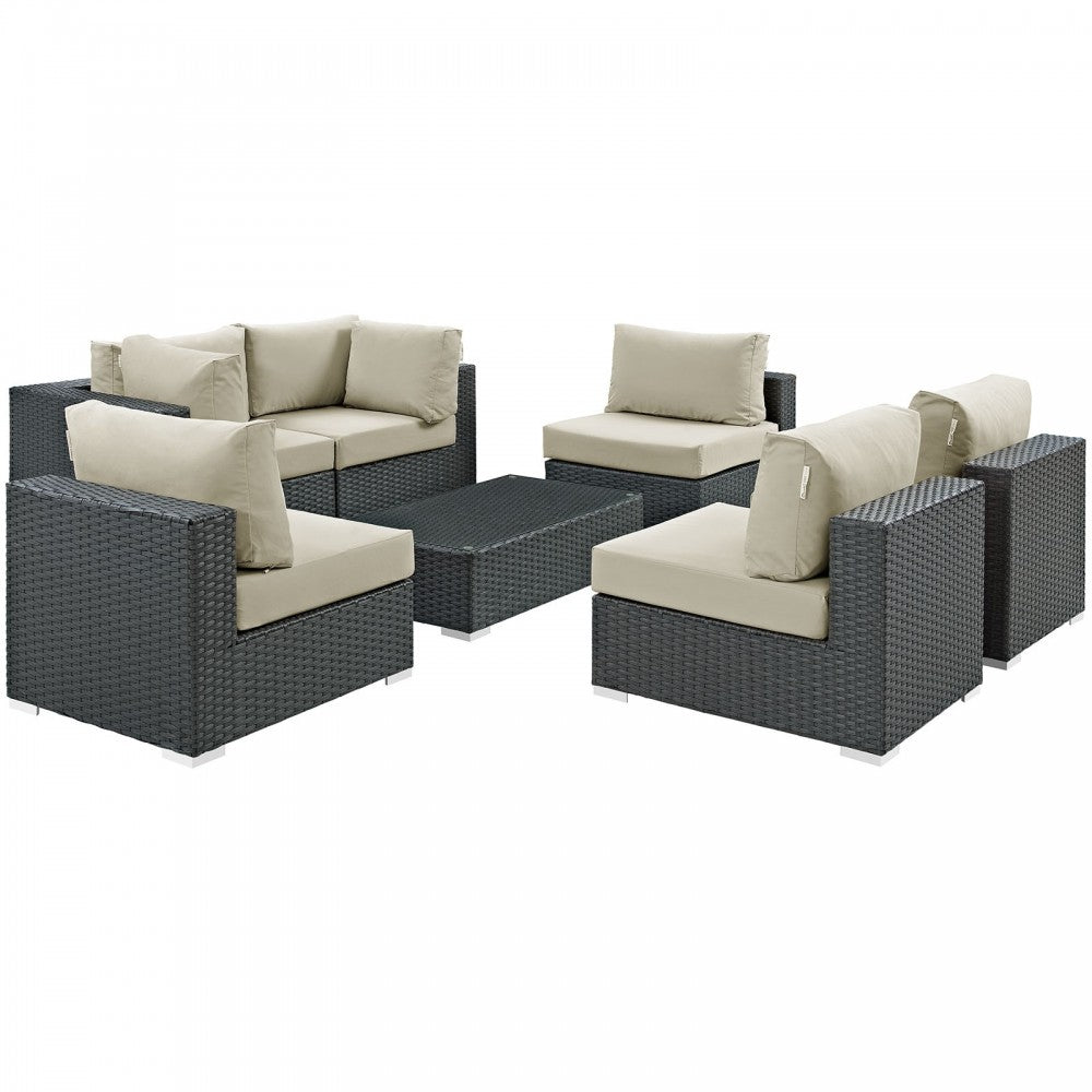 Sojourn 7 Piece Outdoor Patio Sunbrella Sectional Set, Canvas Antique Beige, EEI-1883-CHC-BEI-SET
